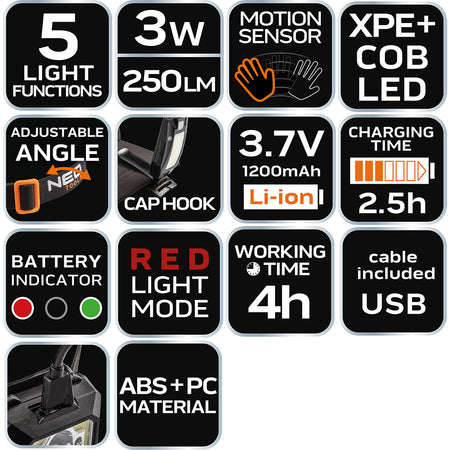 Batéria USB čelovka 250 lm COB LED + senzor pohybu od NEO TOOLS nájdeš na naravis.sk