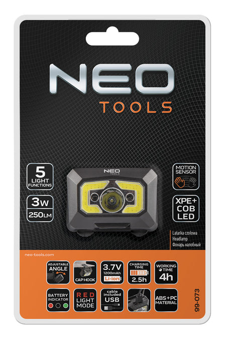 Batéria USB čelovka 250 lm COB LED + senzor pohybu od NEO TOOLS nájdeš na naravis.sk