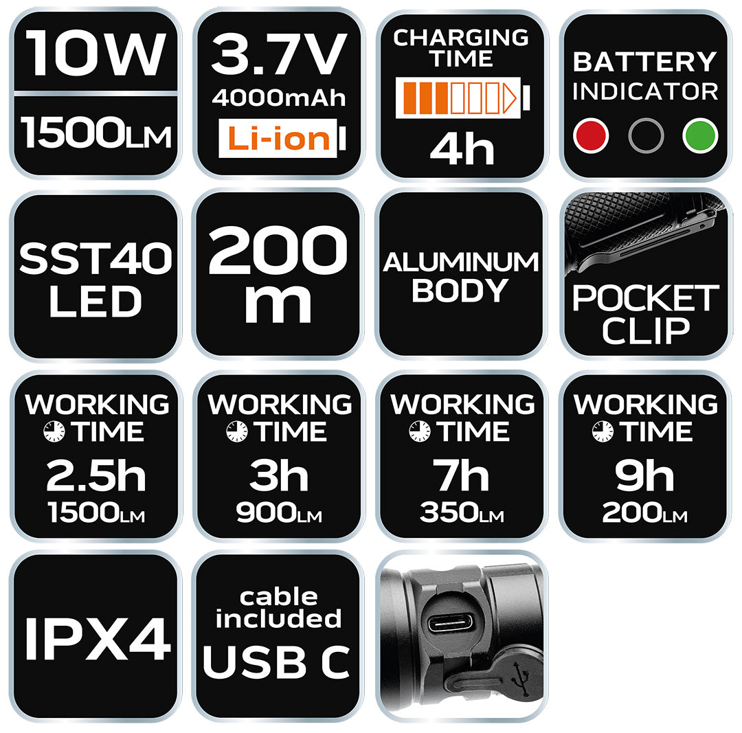 Nabíjateľná baterka USB C 1500 lm SST40 LED od NEO TOOLS nájdeš na naravis.sk