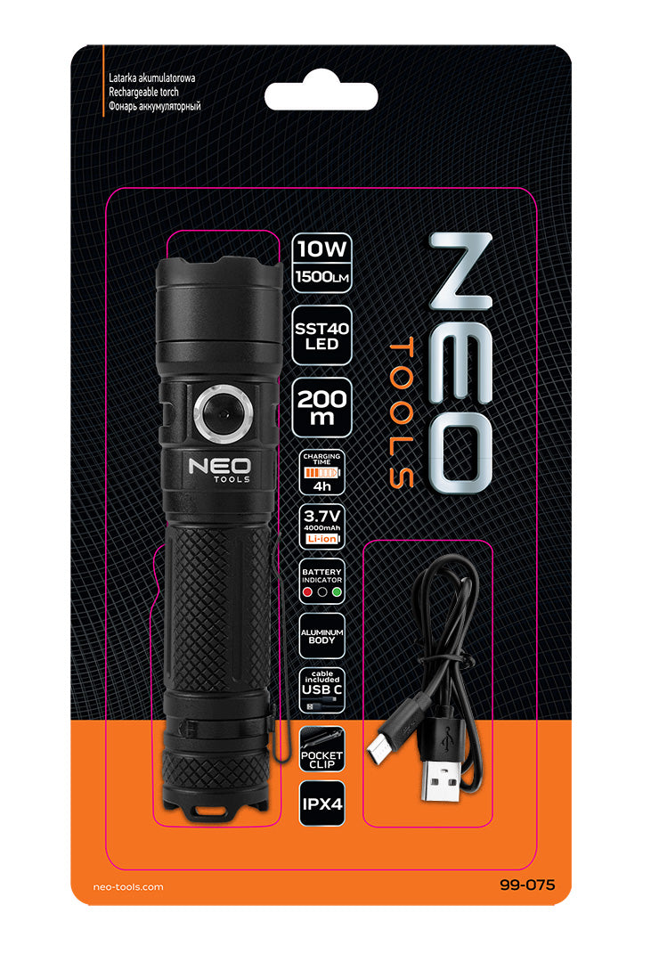 Nabíjateľná baterka USB C 1500 lm SST40 LED od NEO TOOLS nájdeš na naravis.sk