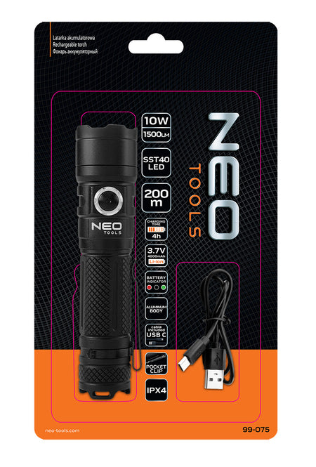 Nabíjateľná baterka USB C 1500 lm SST40 LED od NEO TOOLS nájdeš na naravis.sk