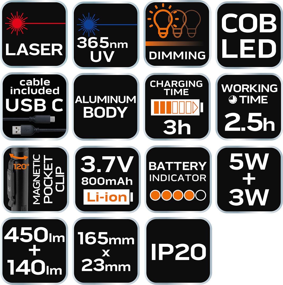 Inšpekčná lampa 450 lm COB LED + laser + UV + 4 v 1 baterka od NEO TOOLS nájdeš na naravis.sk