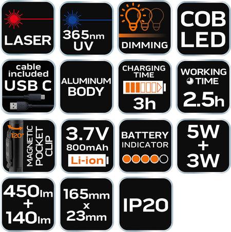 Inšpekčná lampa 450 lm COB LED + laser + UV + 4 v 1 baterka od NEO TOOLS nájdeš na naravis.sk
