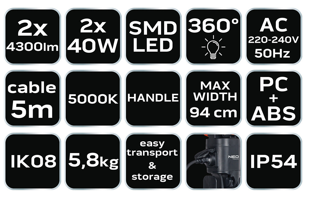 Dvojitá 360° lampa 2x4300lm od NEO TOOLS nájdeš na naravis.sk