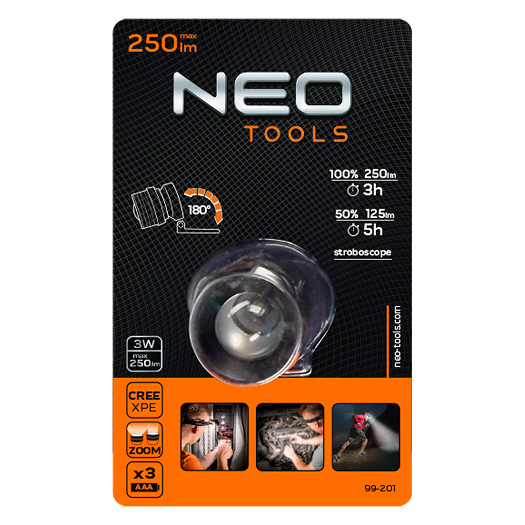 Čelová baterka 250 lum, zoom, CREE XPE, 3xAAA od NEO TOOLS nájdeš na naravis.sk